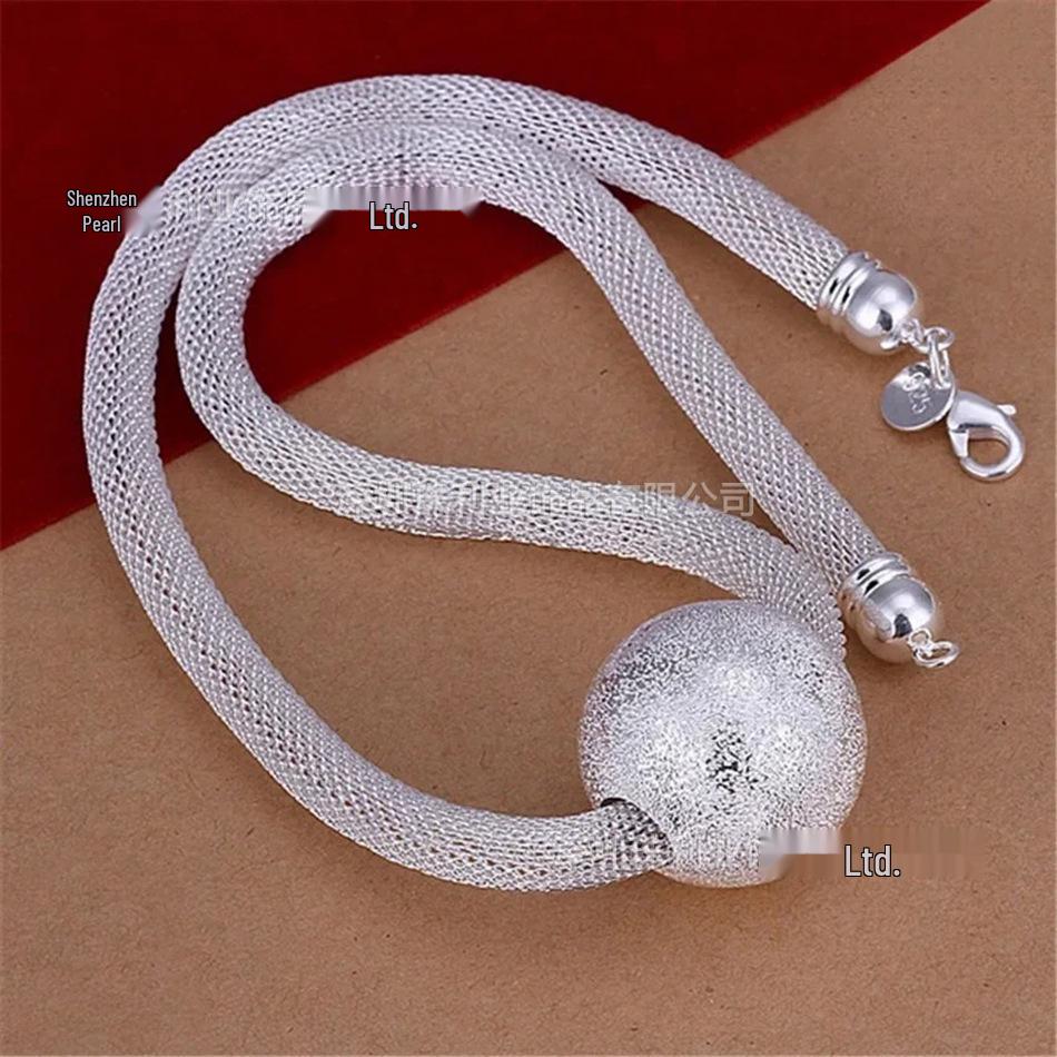 Silver Plated Mesh Snake Chain Necklace with Frosted Ball Pendant for Women