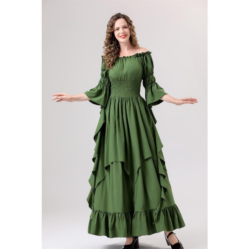 Halloween new medieval retro girdle gorgeous horn sleeve multi-color dress costume