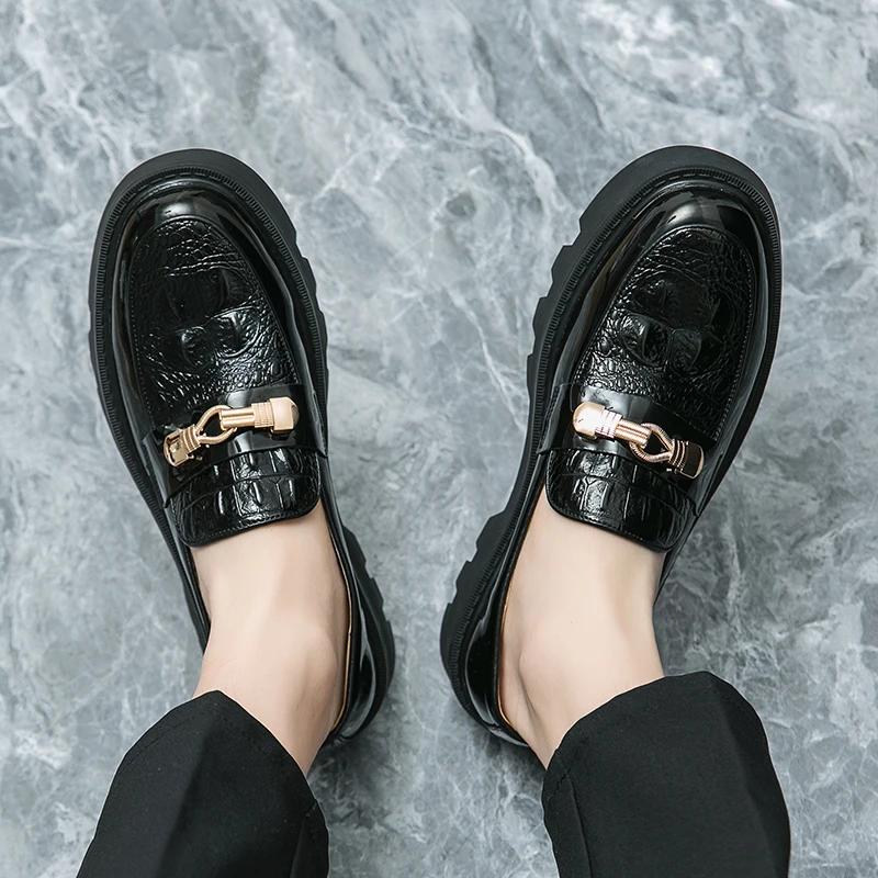 Men Shiny Leather Loafers Slip-On Business Casual Shoes Black Heighten Thick Platform Sole Comfortable Oxford Office Dress Shoes