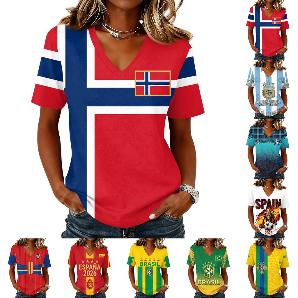 Women's Short Sleeve V-Neck T-Shirt with Soccer Flag Print for Casual Day Wear