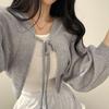 Dünner weißer Cardigan Damen Sommer Sonnenschutz Schnürung Strickoberteil Damen Koreanischer Stil Laternenärmel Kurzer Mantel Frau
