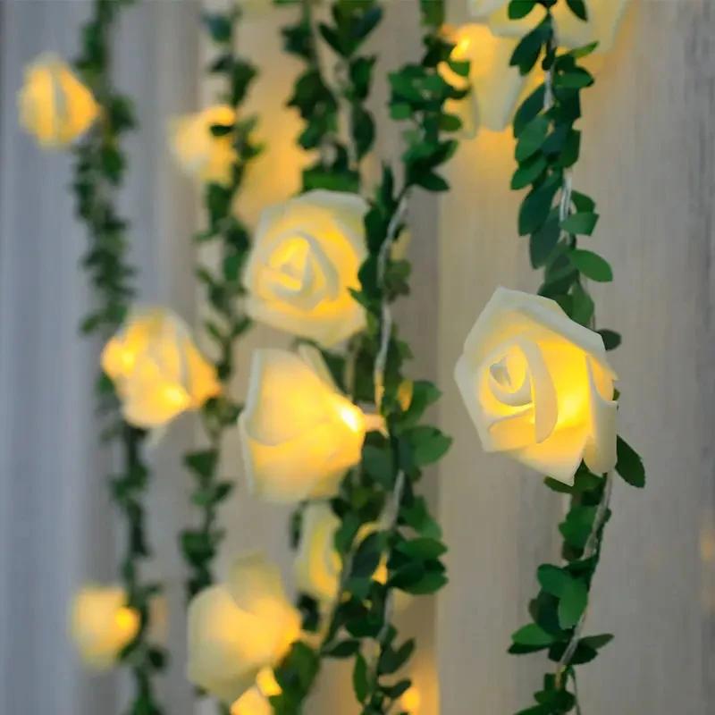 Artificial White Rose rattan light string LED small white flower rattan light string Battery Powered For wedding balcony decor