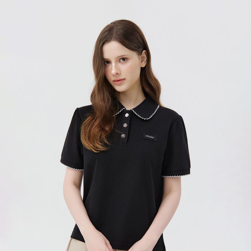 MARTINE GOLF Lace Trim Collar T-Shirt_Black
