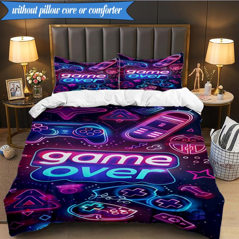 3PCS Neon Game Over Art Bedding Set,Including 1pc Duvet Cover And 2pcs Pillowcases Perfect for Bedroom, Dormitory, Fan Christmas Gift