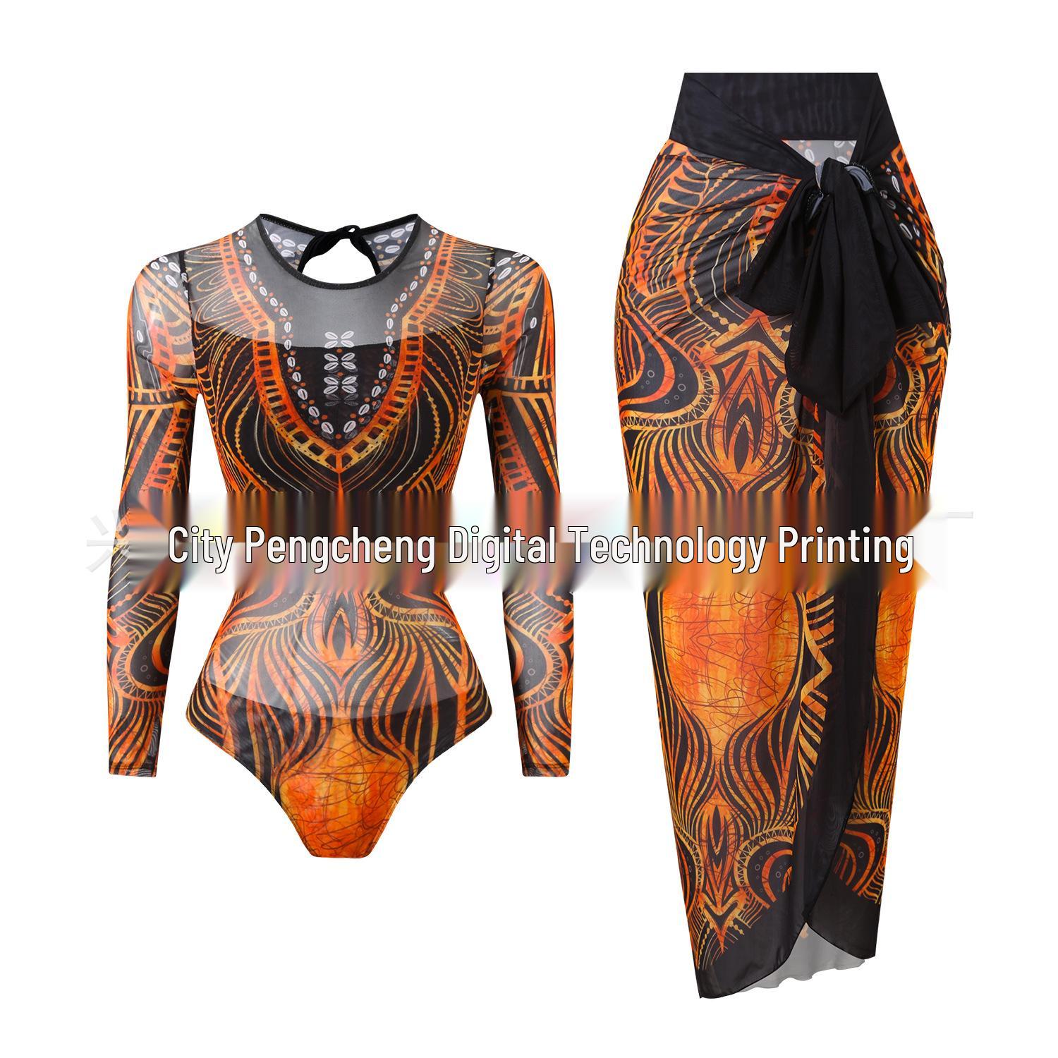 Zweiteiliger Damen-Badeanzug mit Netzrock und Langarm, mit Sonnenschutz XXL black