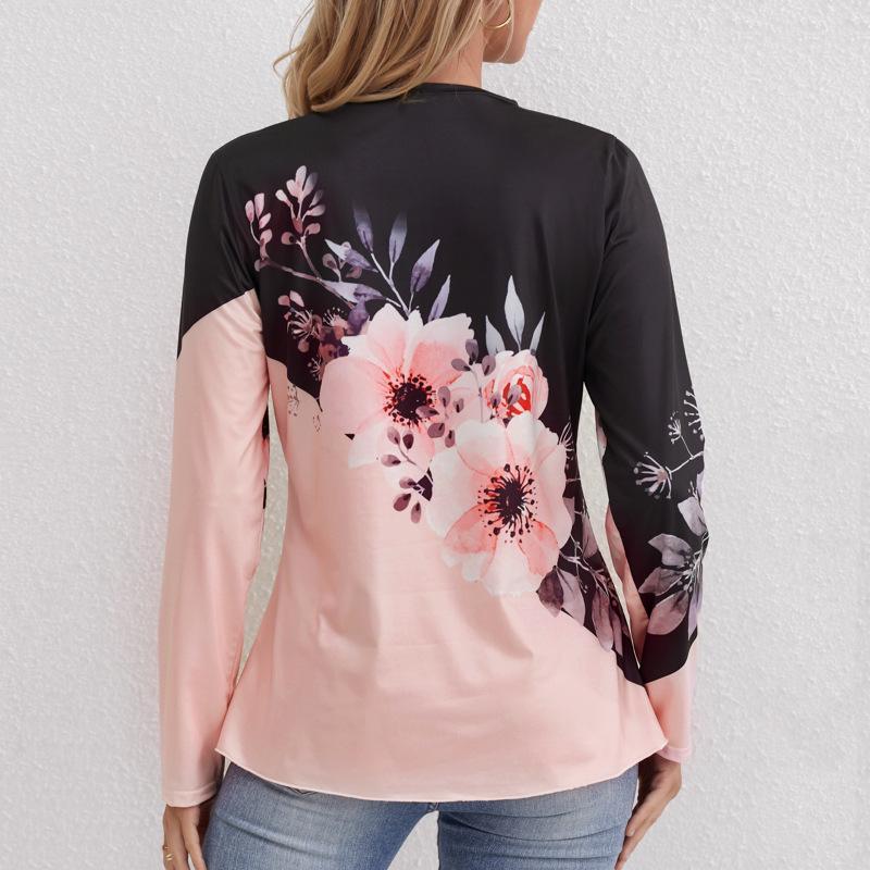 2024 Women's Floral Print Crew Neck Long Sleeve Casual Autumn T-shirt