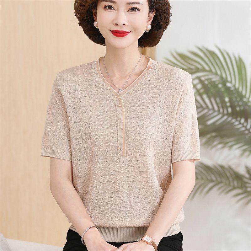 

Ice Silk Mom Knitted Shirt Thin Mom Summer Top New Loose Knitted Short Sleeve T-shirt Top 3XL