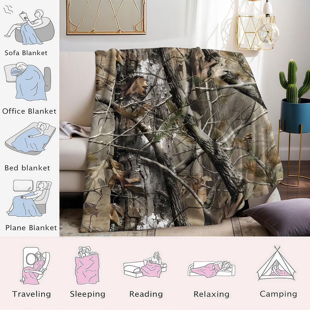 Woodland Camo Printed Blanket Suitable for Sofas Beds Offices Travel Camping Chairs Warm Plush Blanket