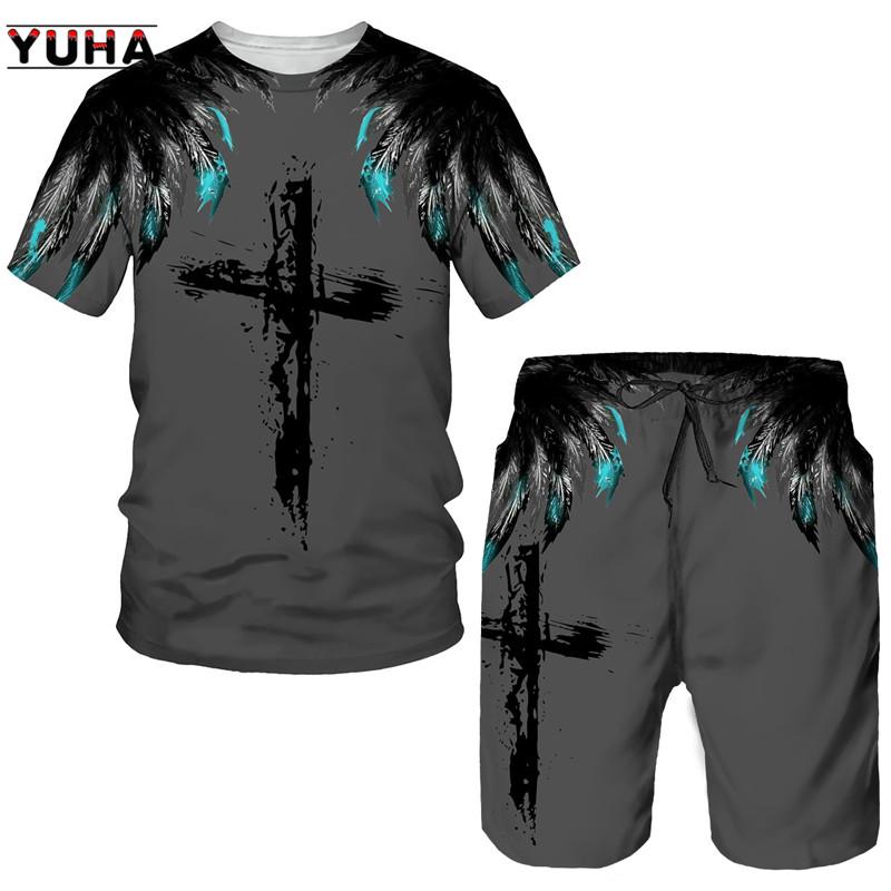 Summer Men's 3D Lion Cross Printed Men's T-shirt/Shorts/Suit Short Sleeve Jesus Love Everone Christian Street Wear 2 Pcs