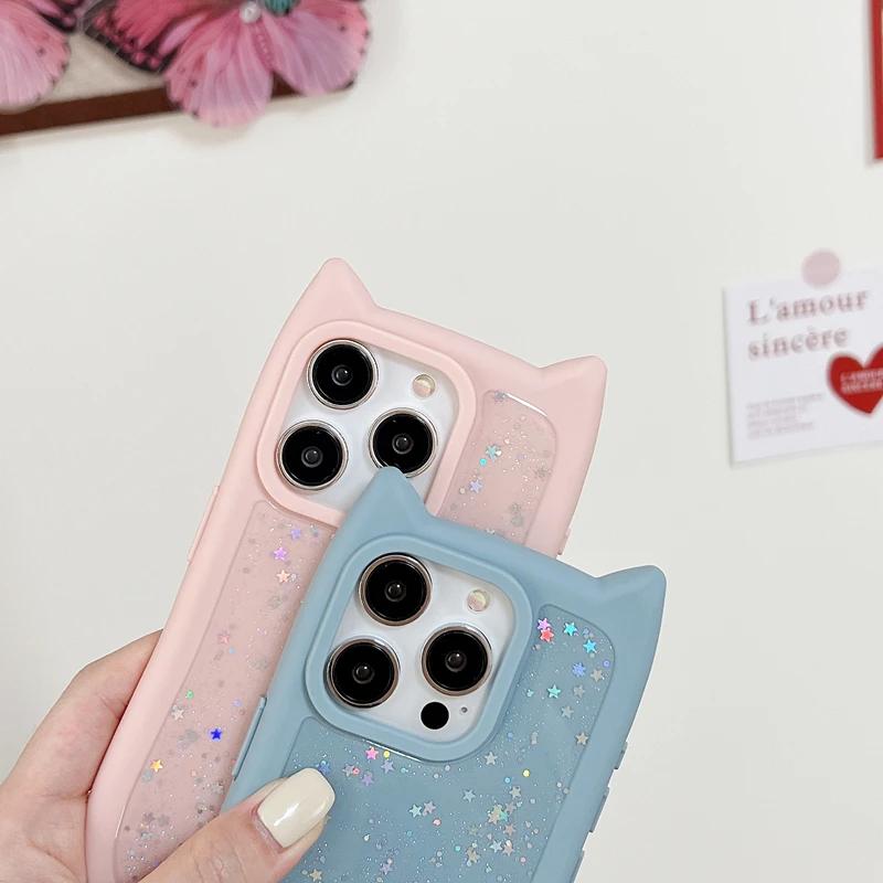 Girl Glitter Soft Silicone Cute Cat Ear Phone Case for iPhone 11 12 13 14 15 Pro Max Shockproof Hard Acrylic Bumper Back Cover