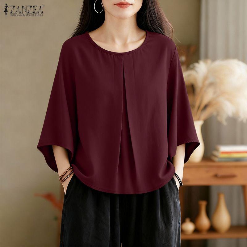 ZANZEA Dámská ležérní halenka s kulatým výstřihem, jednobarevná, s 3/4 rukávy