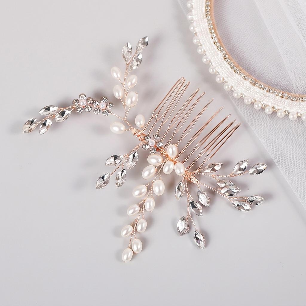 Pearl Leaf Hair Comb Alloy Base With Hand-made Decoration For Wedding