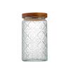 Cylindrical Embossed Glass Storage Jar with Wooden Lid for Dried Fruits and Grains