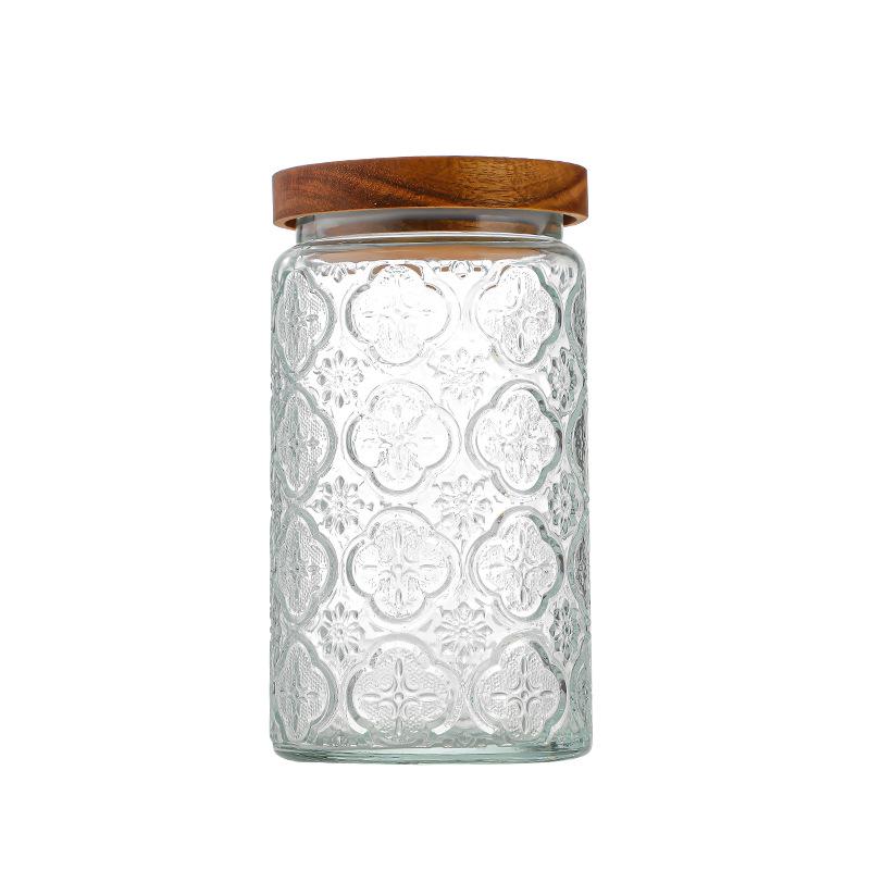 Cylindrical Embossed Glass Storage Jar with Wooden Lid for Dried Fruits and Grains