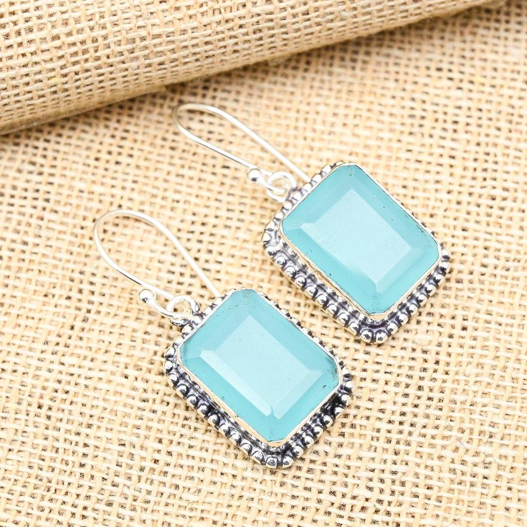 Pretty Blue Chalcedony Gemstone Handmade 925 Solid Sterling Silver Jewelry Earrings For Her