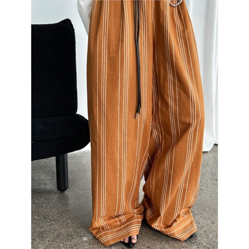 Johnature Casual Striped Elasticated Waist Pants Women Summer With Belt Lazy Wide-leg Trousers