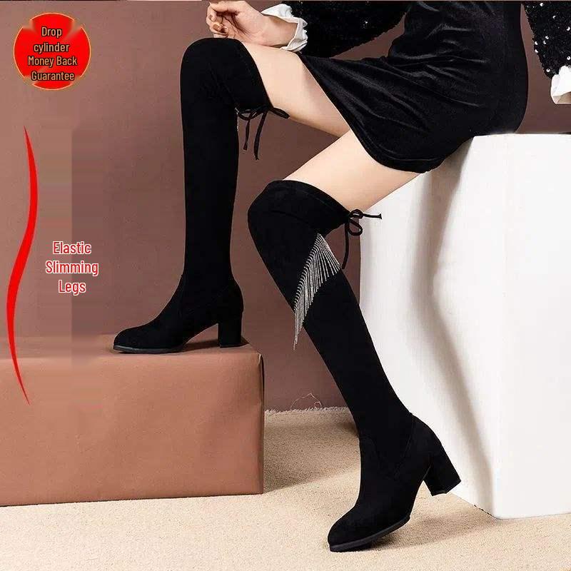 Damen Strass Quaste Wildleder Overknee Stiefel - Herbst 2025 Slim Fit Blockabsatz Hoher Schaft Stiefel