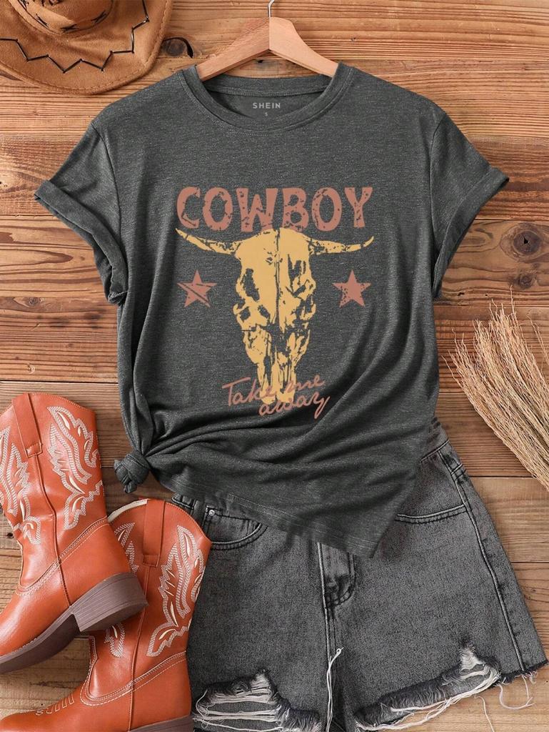 Camiseta Feminina Vintage Estampa de Cowboy Manga Curta Verão Casual Street Tees Tops Moda Oversize Macio Respirável Roupas
