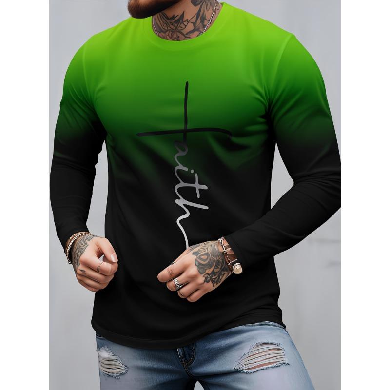 Autumn Round Neck Color Block 'Faith' Graphic 3D Printed T-shirts Fashionable Casual Long Sleeved Men's T-shirts