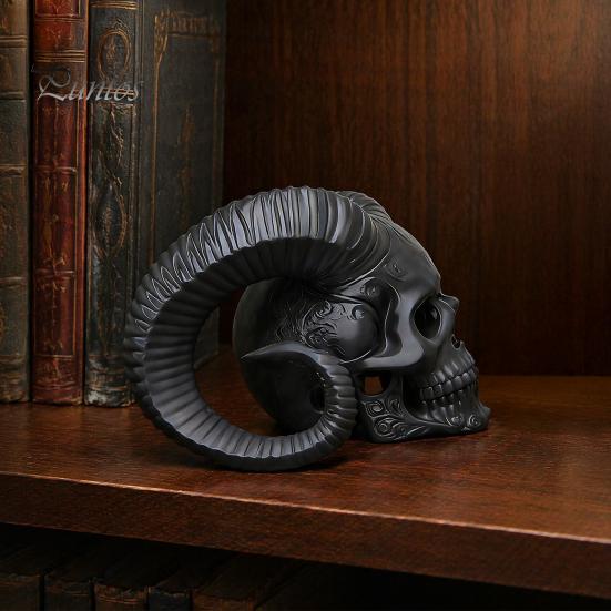 Personalized Goth Room Decor 3D Printed Goat Horn Skull Ornament, Gothic Ram Horned Devil Handmade Style Desktop Skull, Halloween Dark Statue for Home