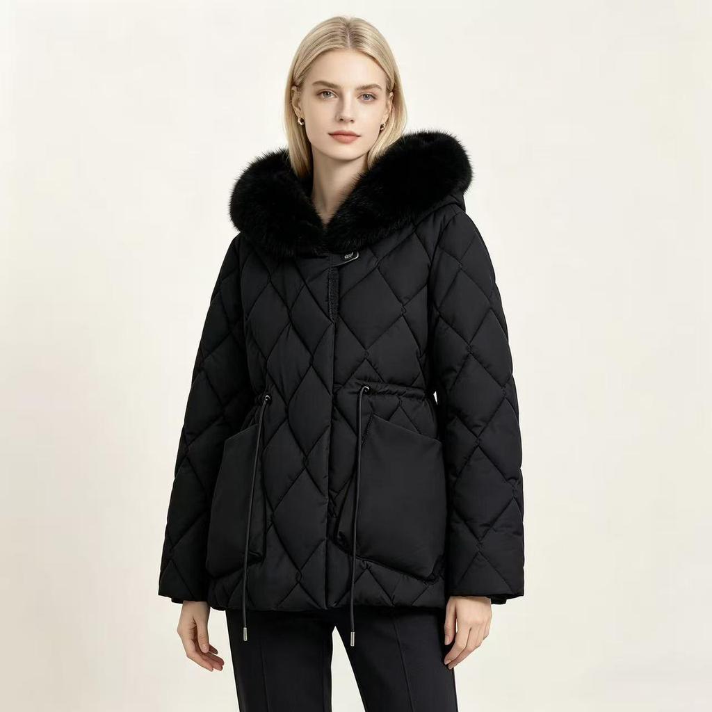 European Women's Mid-Length Hooded Cotton Jacket - 2026 Style, Loose Fit, Waist-Cinched, Fleece-Lined, Diamond Pattern, Thickened for Warmth
