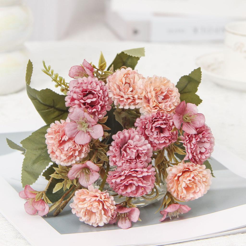 Bouquet di Fiori Artificiali Rosa e Viola, Garofano e Ortensia Finti in Seta per Decorazioni Casa e Matrimonio