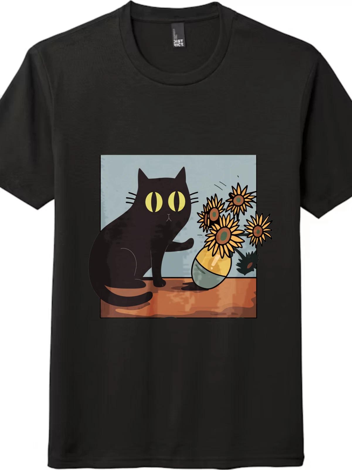 Naughty Cat & Sunflowers Art Graphic Tee - Unisex Vintage Cat T-Shirt S
