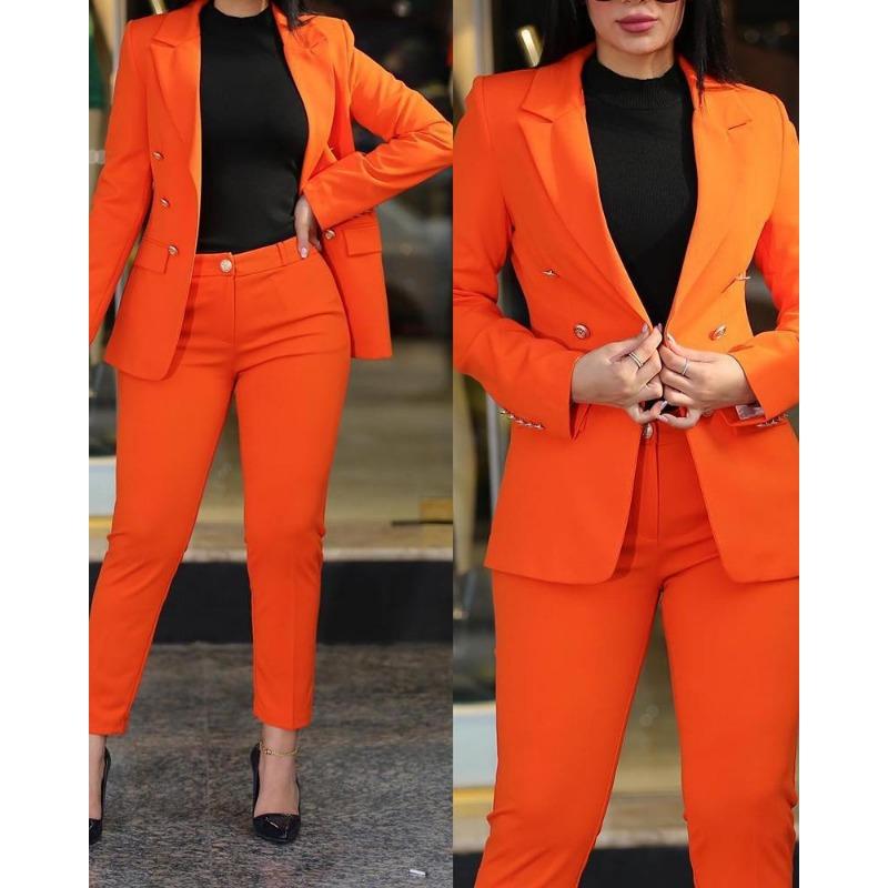 YYFS Women's Fashion Casual Spring Autumn Solid Color Print Long Sleeve POLO Neck Trousers Pants Suits