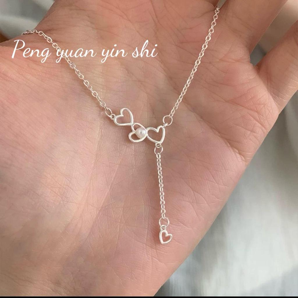 Sterling Silver S925 Heart-to-Heart Pearl Tassel Necklace, for Women - Sweet, High-End Clavicle Chain Design