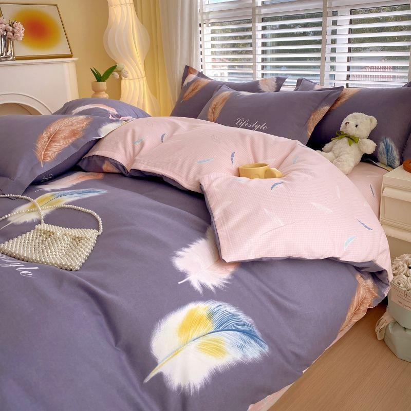 Thickened Pure Abraded Four-piece Set, Single Double Skin-friendly Twill Bed Sheet, Quilt Cover, Dormitory Three-piece Set, Bedding