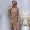 YYFS Women's Fashion Autumn Winter Solid Color Print Long Sleeve V-Neck Knitted Casual Dresses