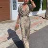 Women's Clothing European American Fashion Button Knot Print Sexy V-neck High-waist Dress