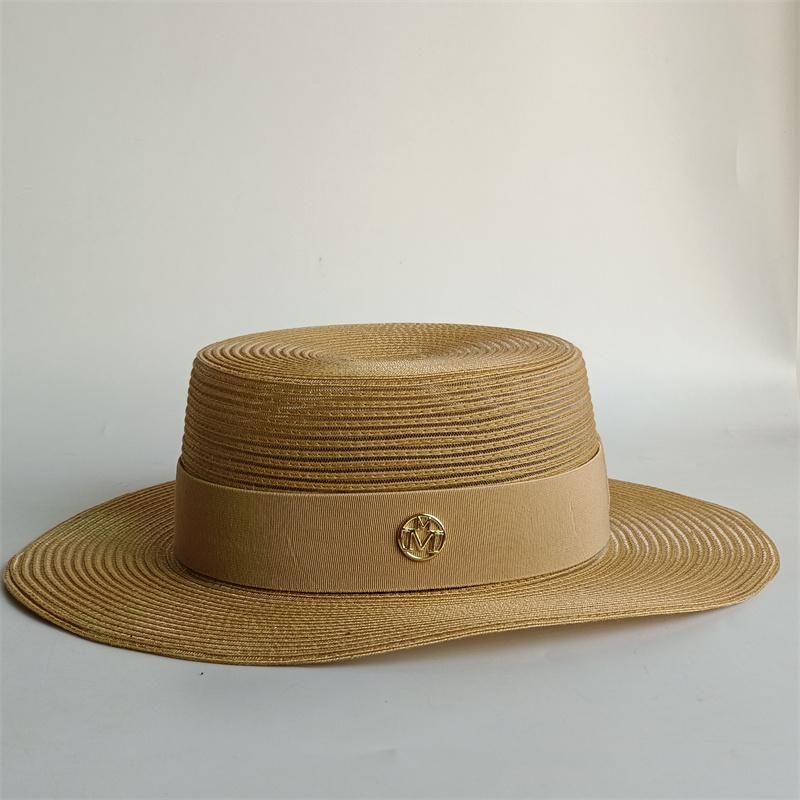 

Beach hat straw hat pearl chain DIY flat top sun hat new Korean elastic ribbon hat beach hat candy color sun hat bonnet 56-58cm