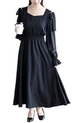 Gold Japan Plus Size Long Open Sizes Women's Dress, Sleeves, Shoulder, Ribbon, Shirring, Fall/Spring, LL, 3L, Black, Fem-600
