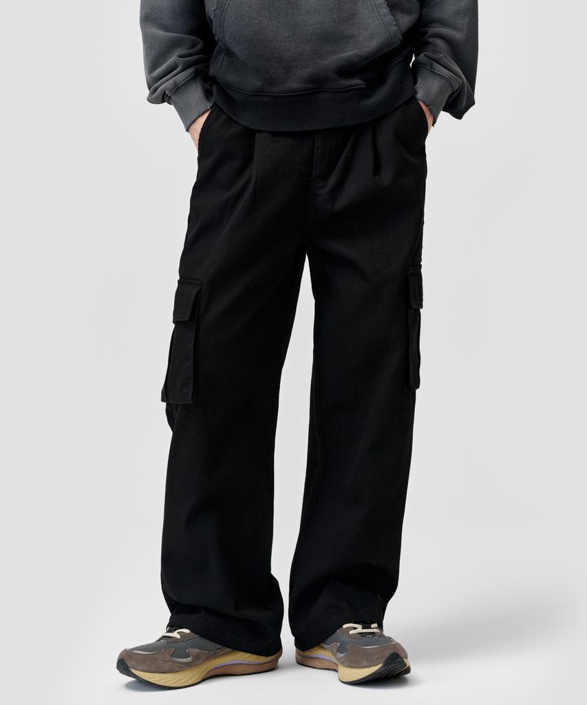 AGOD Wide Big Pocket Cotton Cargo Elastic Pants [Black]