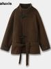 Herbst Neuer Stil Dicke Jacke Kurze Länge Hornknöpfe zum Binden Stehkragen Wollmantel für Damen Lockerer Schnitt
