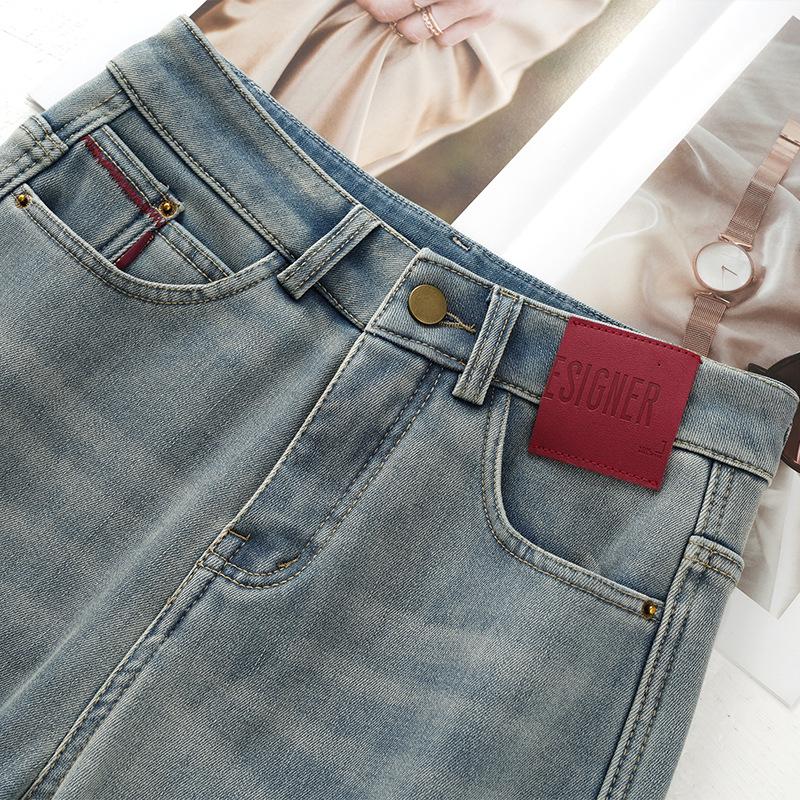 Women's Retro High-Waisted Light Blue Fleece-Lined Jeans for Autumn/Winter 2024 - Narrow, Wide, or Straight-Leg Styles.