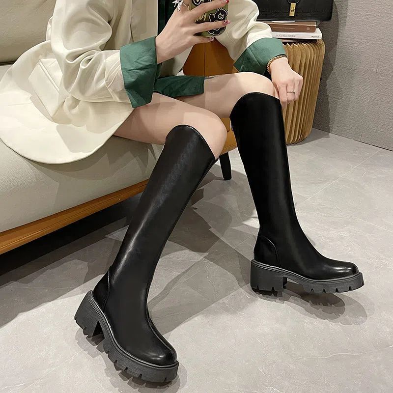 V-mouth knight boots women's thin soft leather muffin thick-soled cigarette boots small people are tall but knee boots high boots