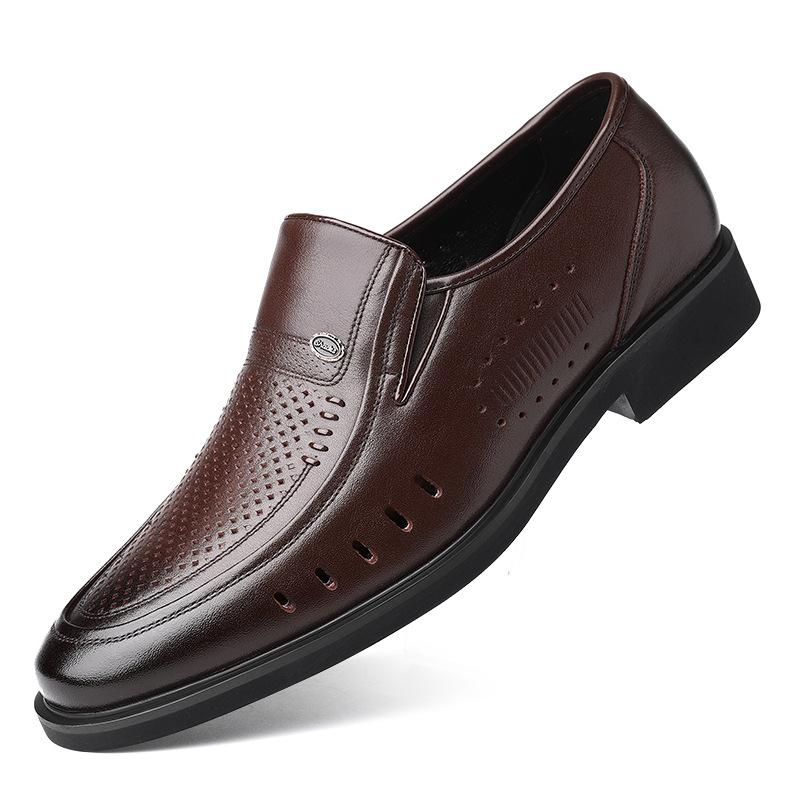 Leather shoes men's summer cowhide hollow holes men's business sandals casual shoes medium old dad shoes