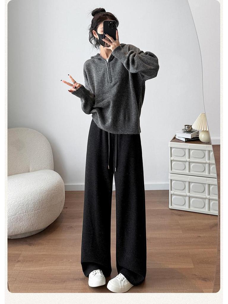 Aixuan White Wool Acetate Wide-Leg Pants: 2025 Autumn/Winter Women's Casual Draped Trousers