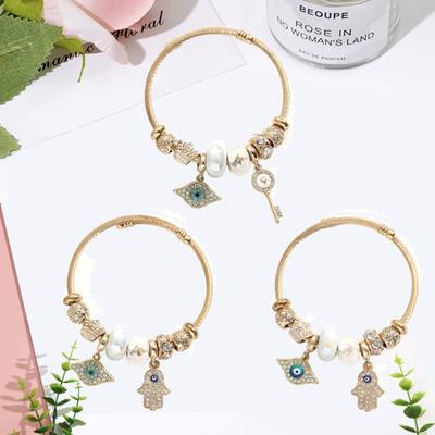 DIY Stainless Steel Gold Bracelet with Diamond Evil Eye Key Pendant Crystal Beaded Chain for Women