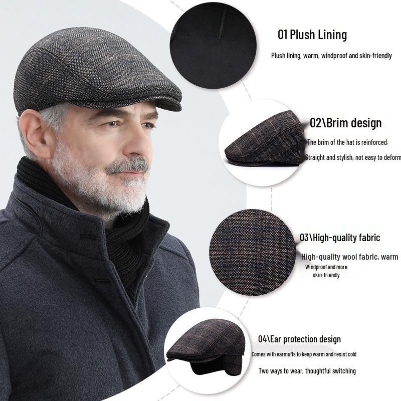 Retro krata beret z ochroną uszu dla mężczyzn w średnim i starszym wieku