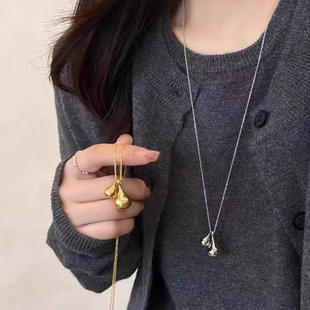 Elegent Double Water Droplet Necklace Long Chain Pendants Necklace for Women Sweater Chain