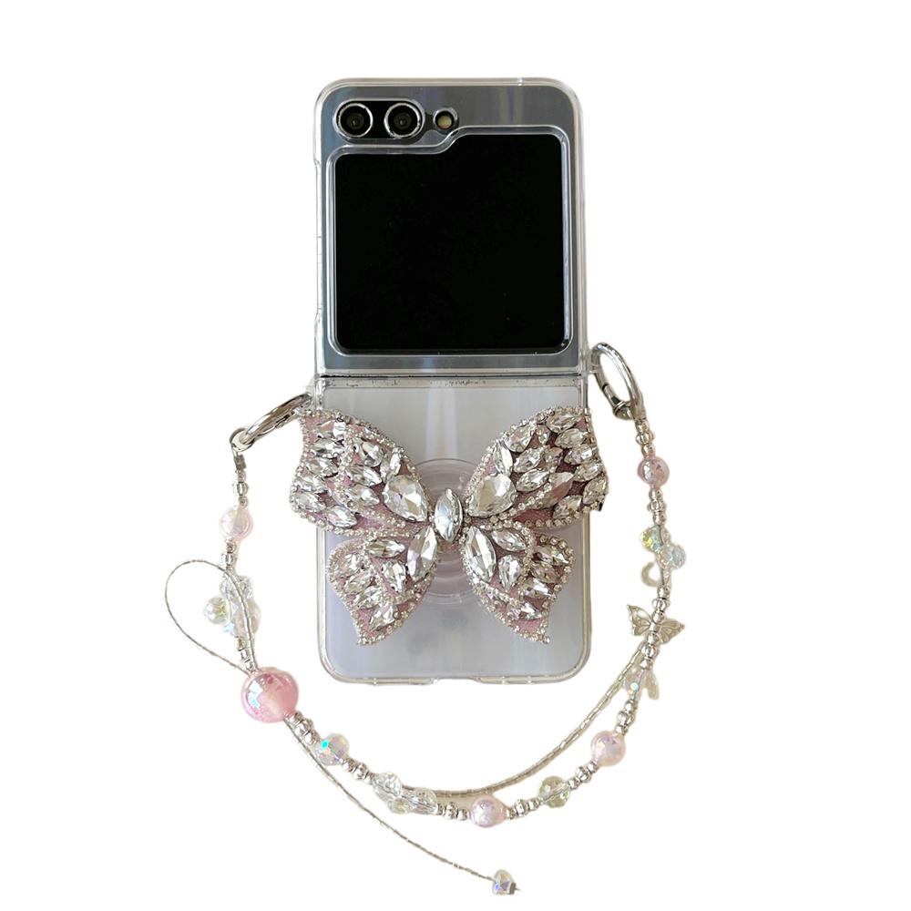 Luxury Glitter Pearl Lanyard Chain Phone Case For Samsung Galaxy Z Flip 6 5 4 3 Flip5 5G Shining Back Card Cover For ZFlip3 Flip