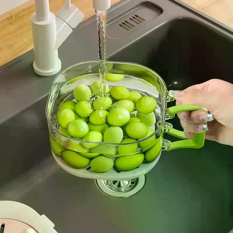 High Capacity Draining Basket Featuring Cute Fruit Storage and Telescoping Water Filter; Robust Veggie Wash Tub with Lid