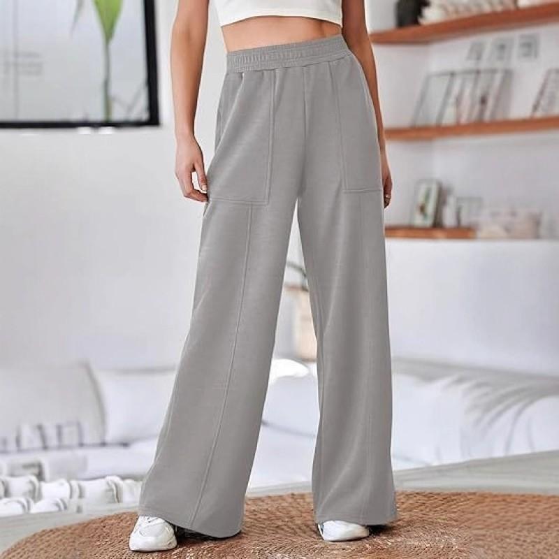 Womens High-Waisted Wide-Leg Casual Trousers Loose Fit Thick Winter Pant With Elastic Waist