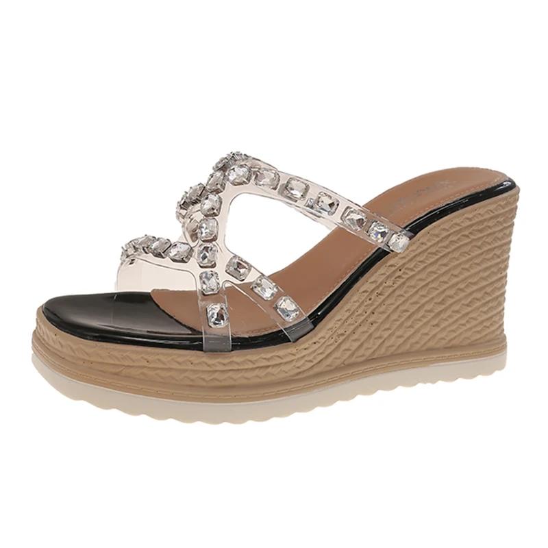 Fashion Women's Rhinestone Decor Wedge Heel Sandals Transparent Pvc Thick Sole Slippers Woman Summer Fashion Chunky Platform Sandalias