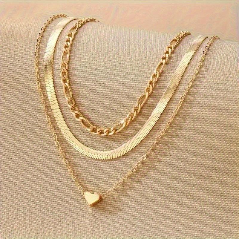 Elegant women's necklace Layered heart-shaped pendant snake chain and Cuban chain vintage classic style collarbone necklace jewelry set for