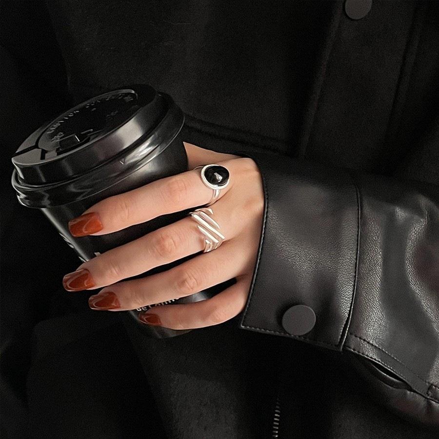 925 Sterling Silver Geometric Black Stone Rings For Women Men Simple Korean Fashion Open Adjustable Handmade Ring Couple Gifts