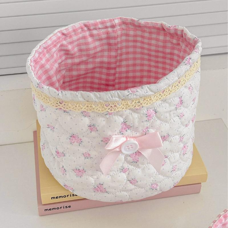 Cute Love Heart Storage Box Quilting Cotton Bow Desktop Storage Basket Large-Capacity Round Storage Frame Home Decoration